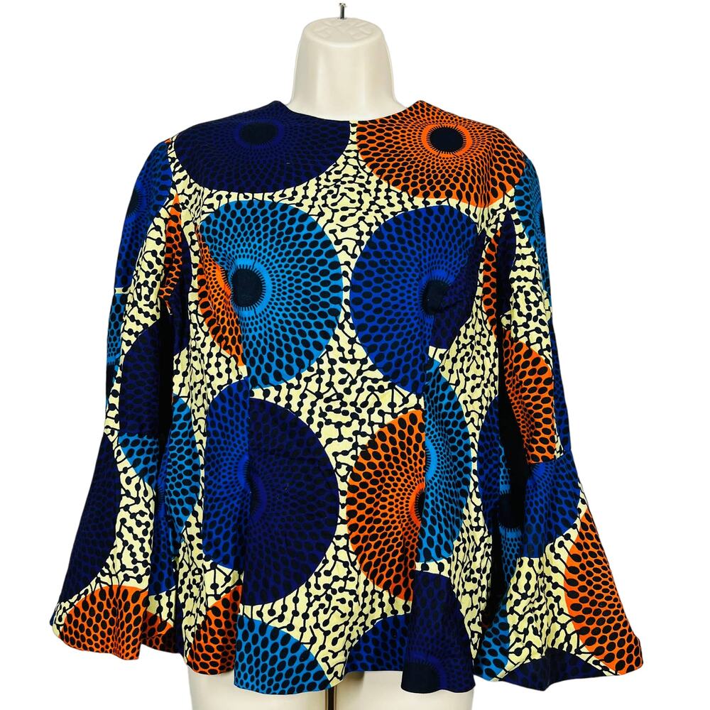 Handmade Mid Mod Peasant Top High Neck Print Bell Sleeve - L